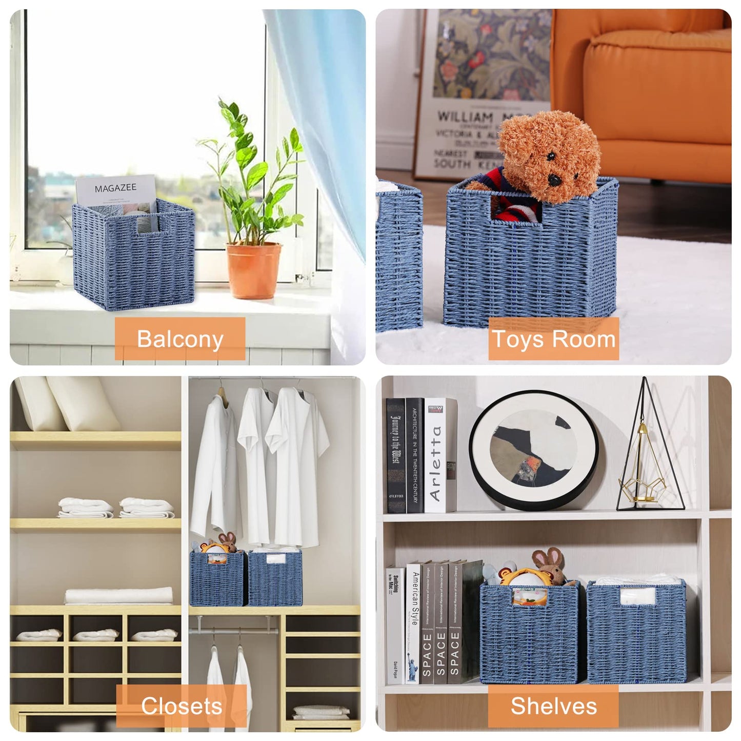 Vagusicc Wicker Storage Basket, Set of 2 Handwoven Wicker Basket for Storage, Foldable Storage Baskets Organizer Cube Bins with Handles for Shelves