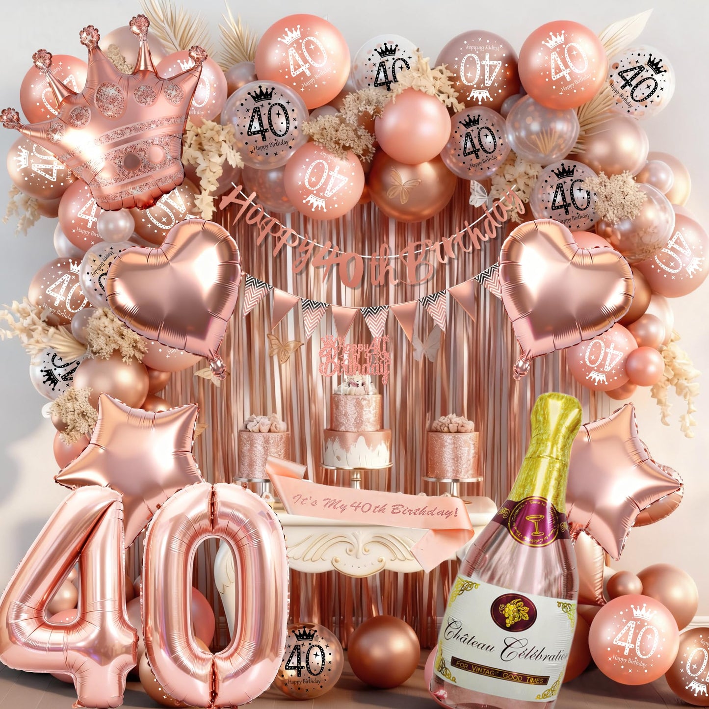Rose Gold 40th Birthday Decoration for Women - Happy 40th Birthday Banner, Triangle Flag Banner, Number 40 Balloons, Foil Curtains for Party