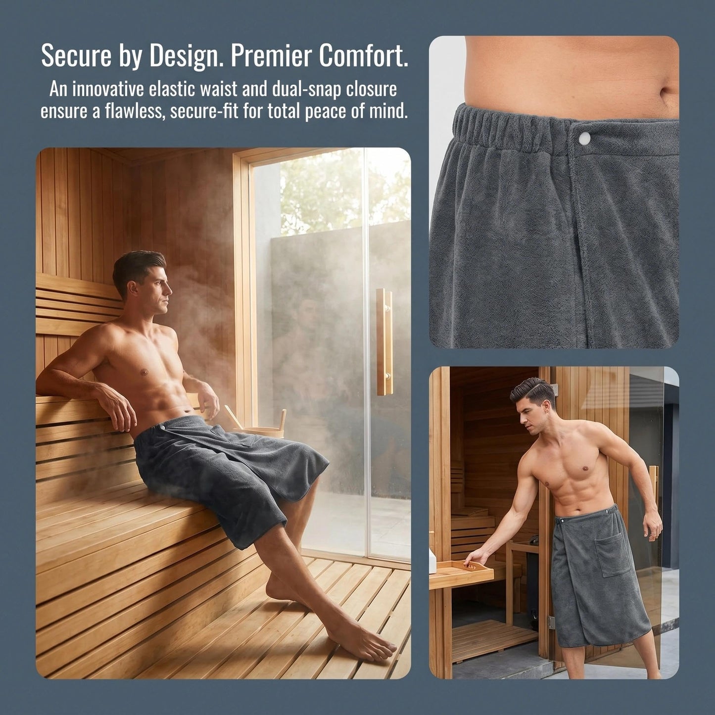 HUANYO Men's Bath Towel Wrap with Pocket – Adjustable, Super Absorbent Towel Skirt for Home, Gym, Spa, Beach & Pool (Grey)