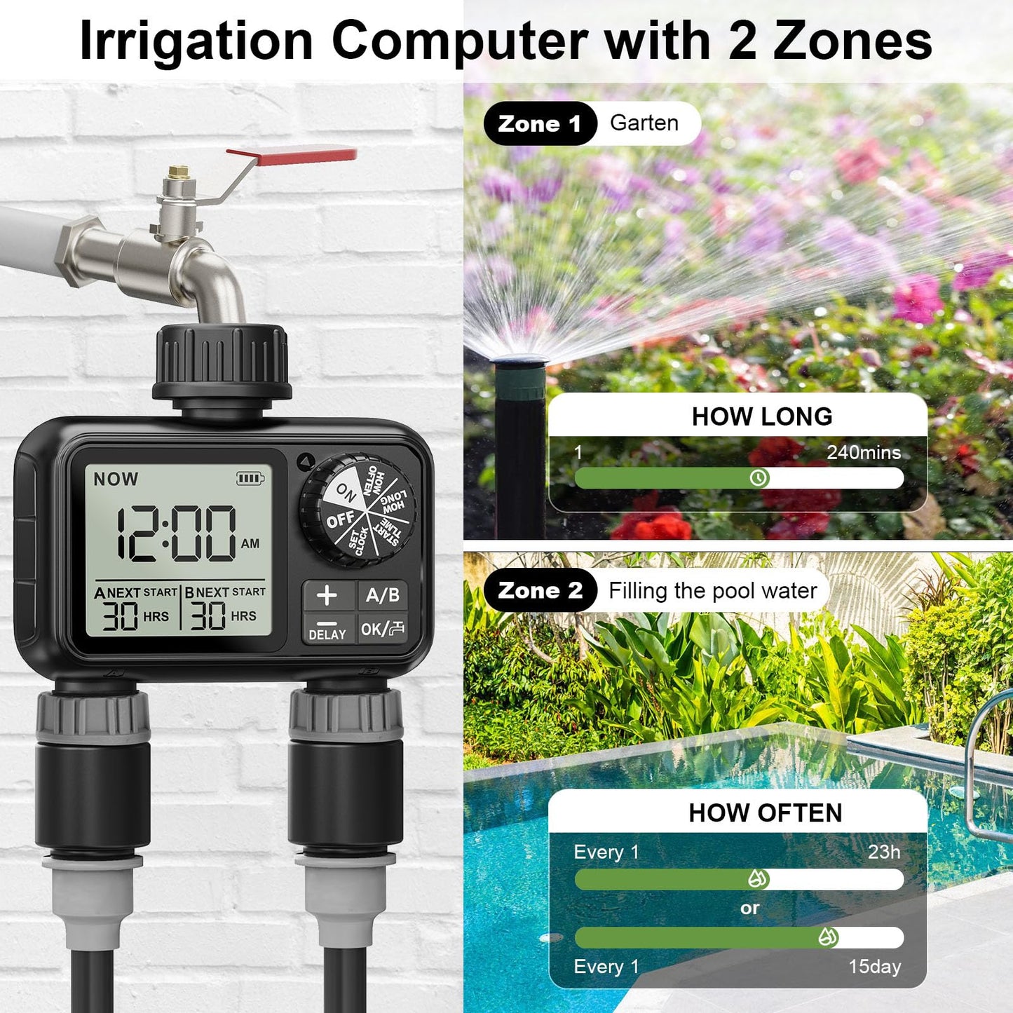 Xtsuen Water Timers for irrigation, Hose Timer with Rain Delay/Automatic & Manual Mode, Sprinkler Timer for Garden IPX5 Waterproof/Large Screen LCD