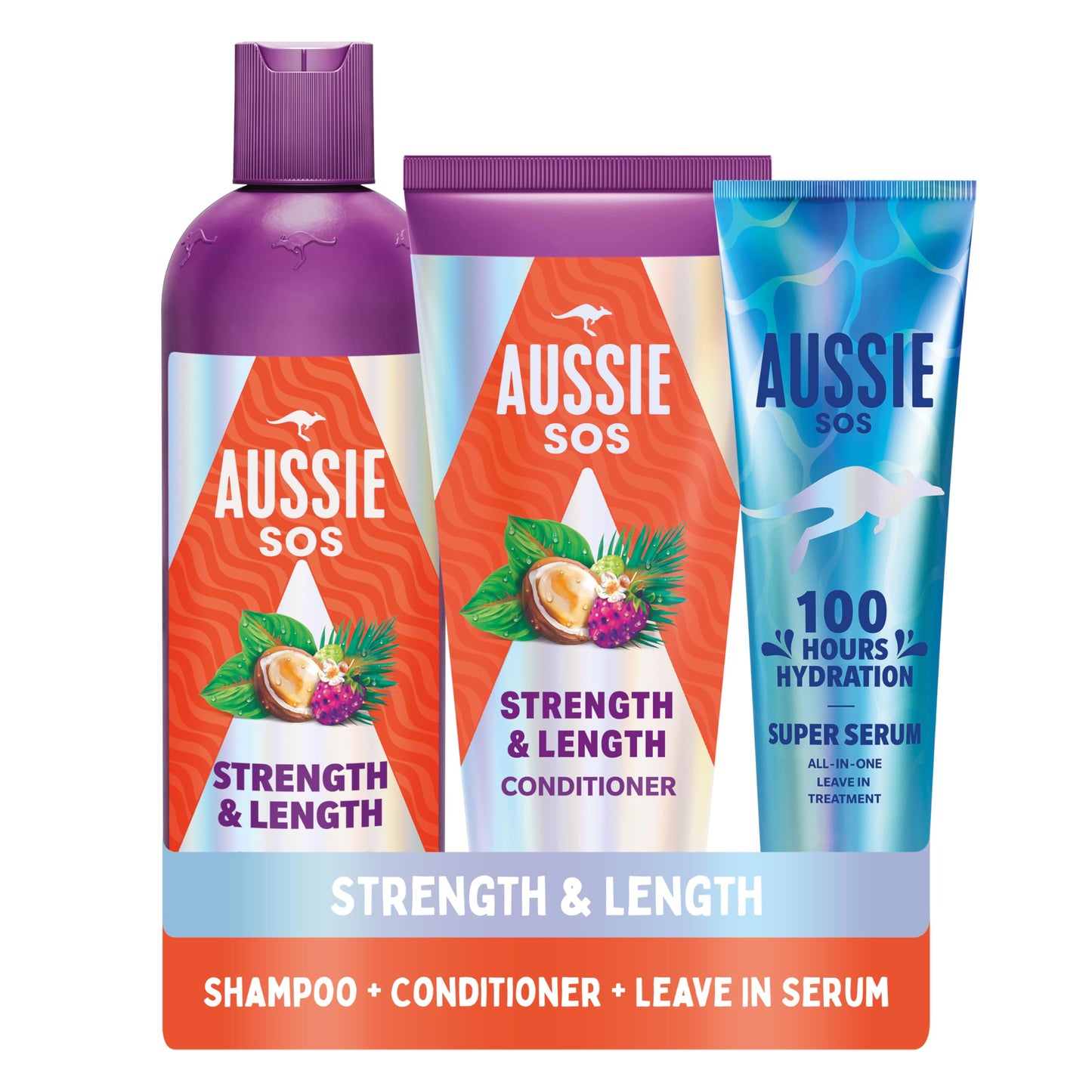 Aussie Strength & Length Shampoo, Conditioner & Super Serum Leave in Treatment Set (pack of 3). Hydrate & Strengthen Long, Dry, Damaged Hair. Smooth,