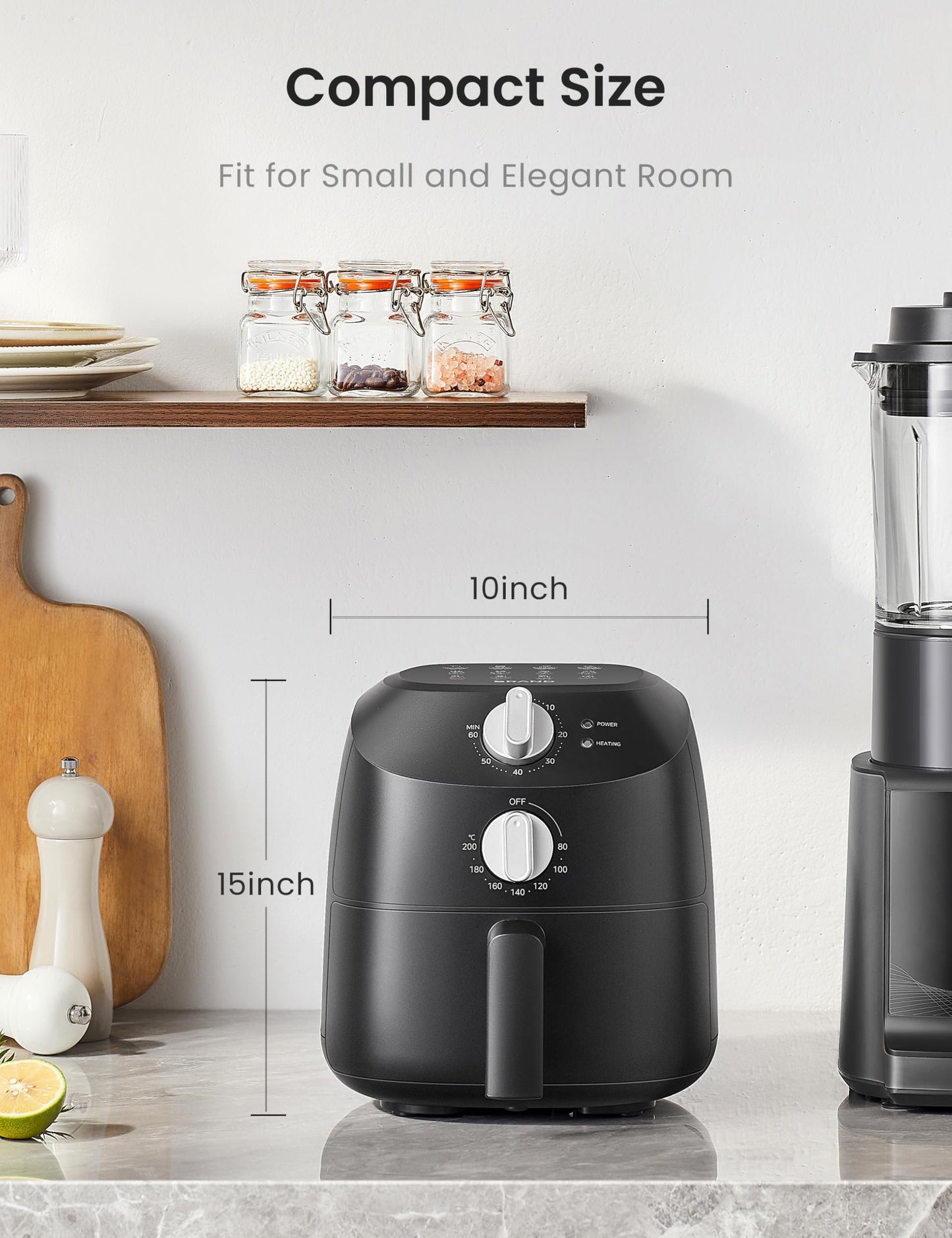 Midea Small Air Fryer, 1150 Watt, 2L Airfryer, Temperature Control, Timer, Indicator Light, BPA-Free, Black