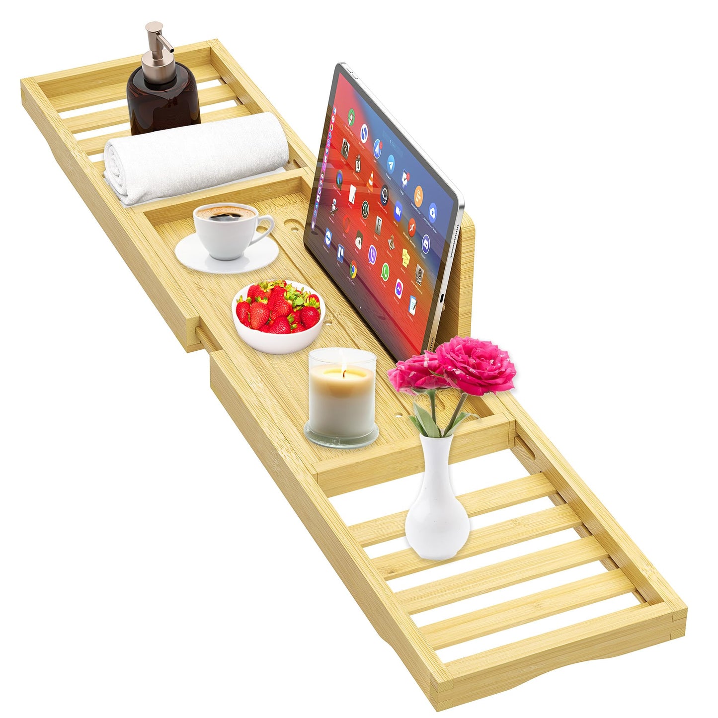 Premium Bath Tray Caddy, Expandable Bamboo Wooden Bath Trays for Across The Bath