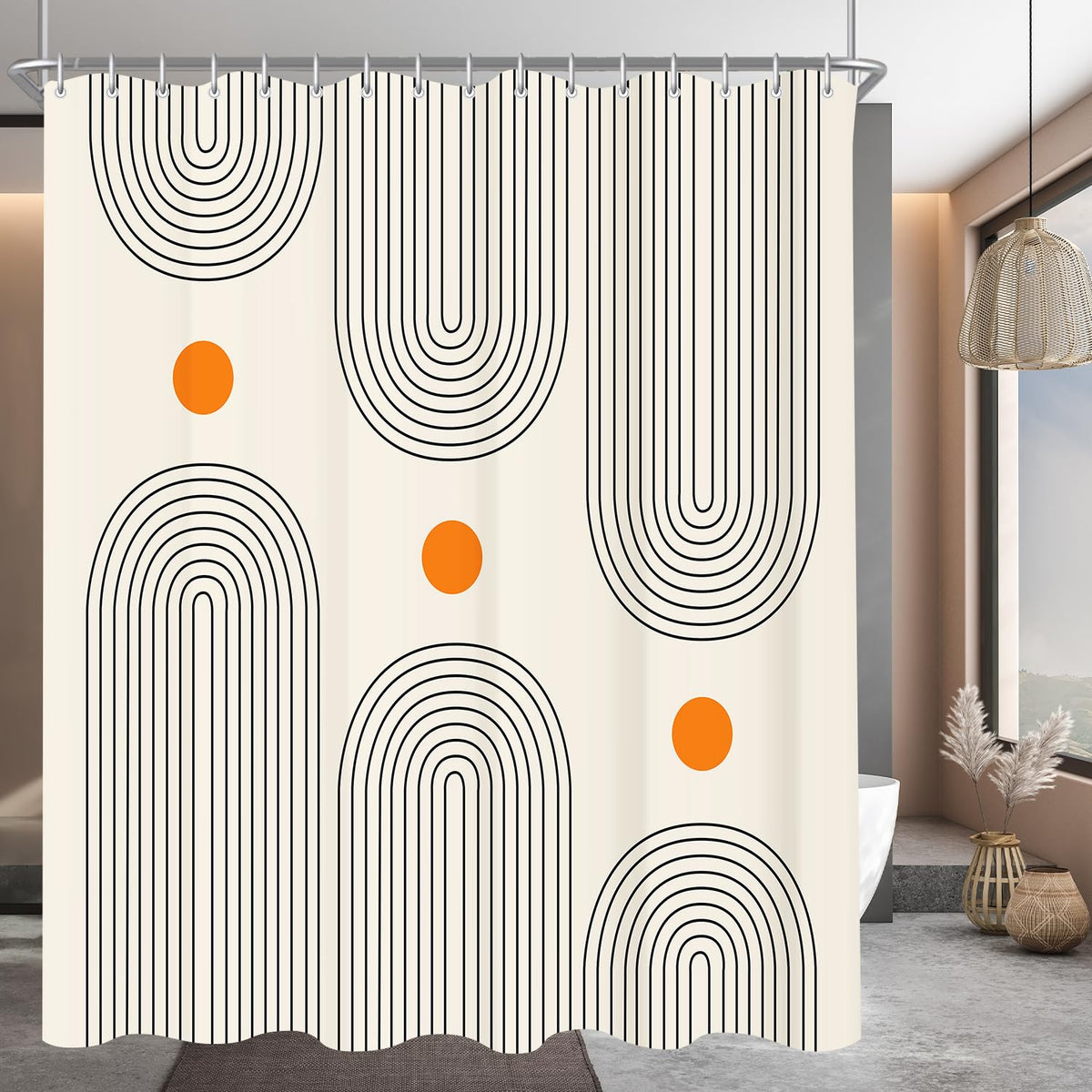Lerores Shower Curtain 240 x 200 cm Geometric Curve, Weighted Hem, Anti-Mould Textile, Water-Repellent, Washable Polyester Fabric Bath Curtains for