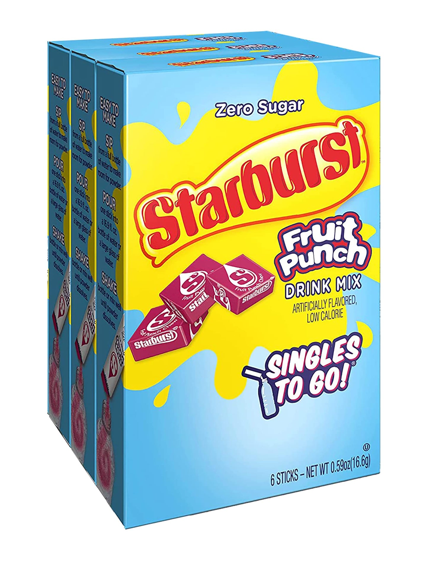 Starburst Singles To Go Powdered Drink Mix, Fruit Punch, 3 Boxes with 6 Packets Each - 18 Total Servings, Sugar-Free Drink Powder, Just Add Water, 6