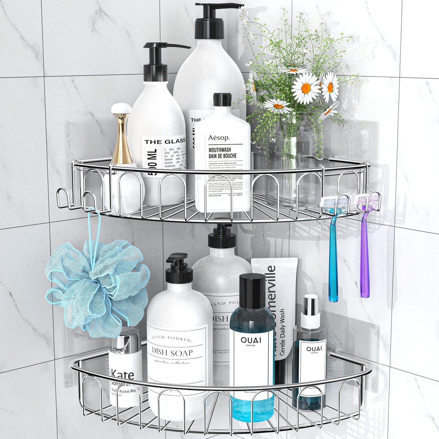 Orimade Adhesive Corner Shower Caddy Shelf with 2 Movable Hooks,Shower Caddy No Drilling Wall Mounted Bathroom Accessories SUS304 Stainless Steel 2