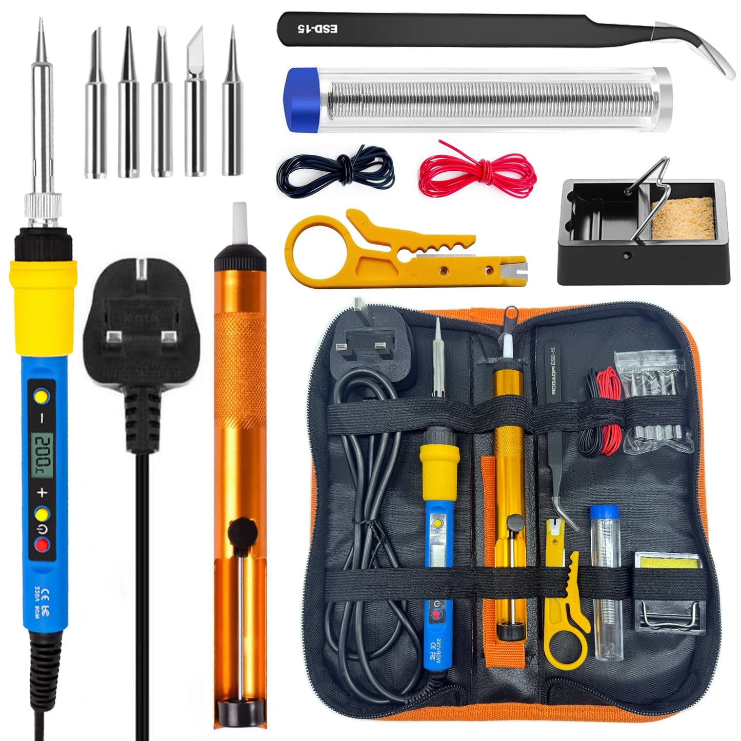 MOGAOPI Soldering Iron Kit, 80W LCD Adjustable Temperature 180-500?C Welding Tools, Solder Wire, Soldering Tips, Stand, Desoldering Pump, Tweezers