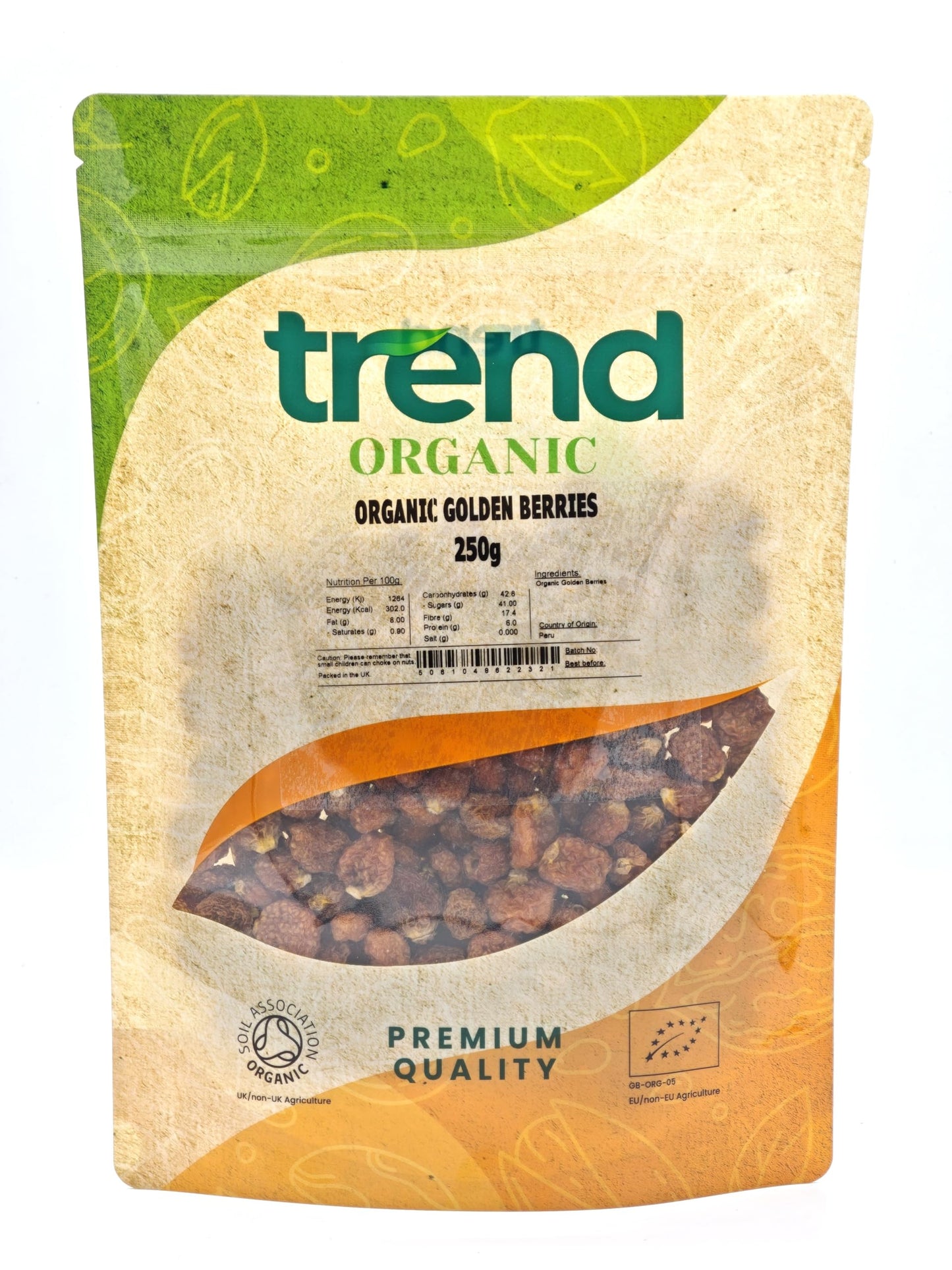 Trend Organic Golden Berries 250g ? Organic Sun-Dried Goldenberry, Unsweetened, Unsulphured, Vegan, Non-GMO, No Additives, Resealable Bag, Nutritious