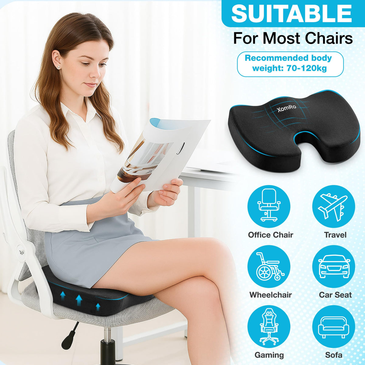XomRo Ergonomic Memory Foam Seat Orthopedic Coccyx Cushion Chair Tailbone Pain Relief Sciatica Back Hip Support Office Chair Car Gaming Wheelchair