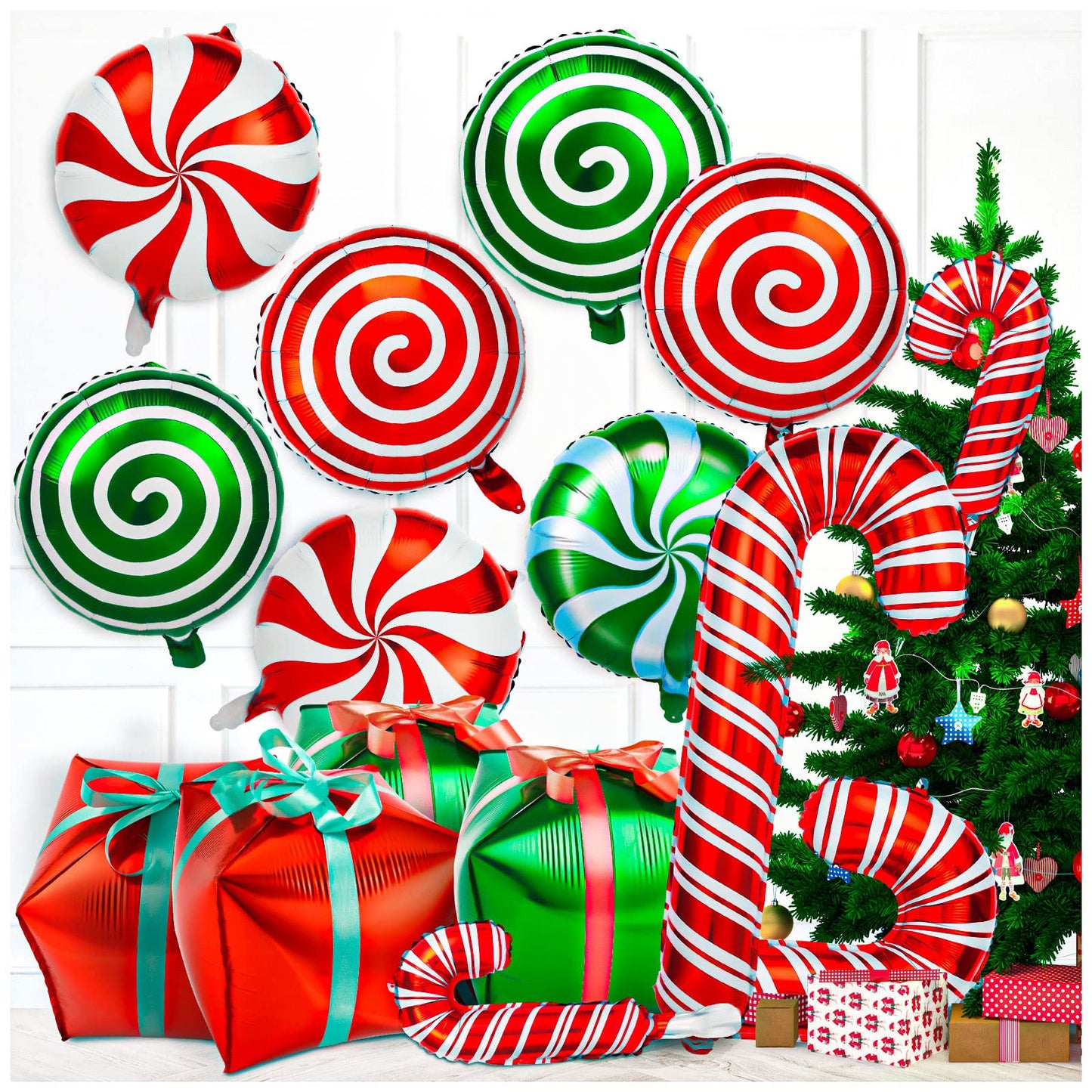 32Pcs Christmas Foil Balloons Kit - Candy Cane Mylar Balloons with Ribbons, Red and Green for Party Decorations and Birthday