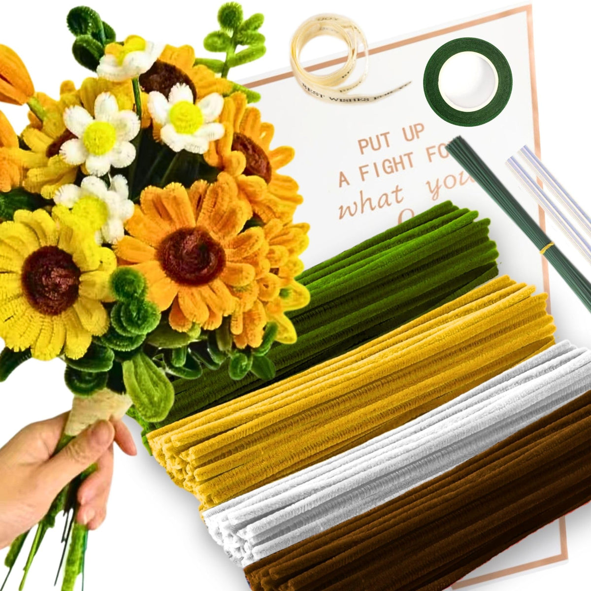 Sunflower Pipe Cleaner Set With 150 Pipe Cleaners Colourful in 4 Colours?Brown,Golden Yellow,White,Green), 8 Pcs Florist Wire,Florist Tape,Flower