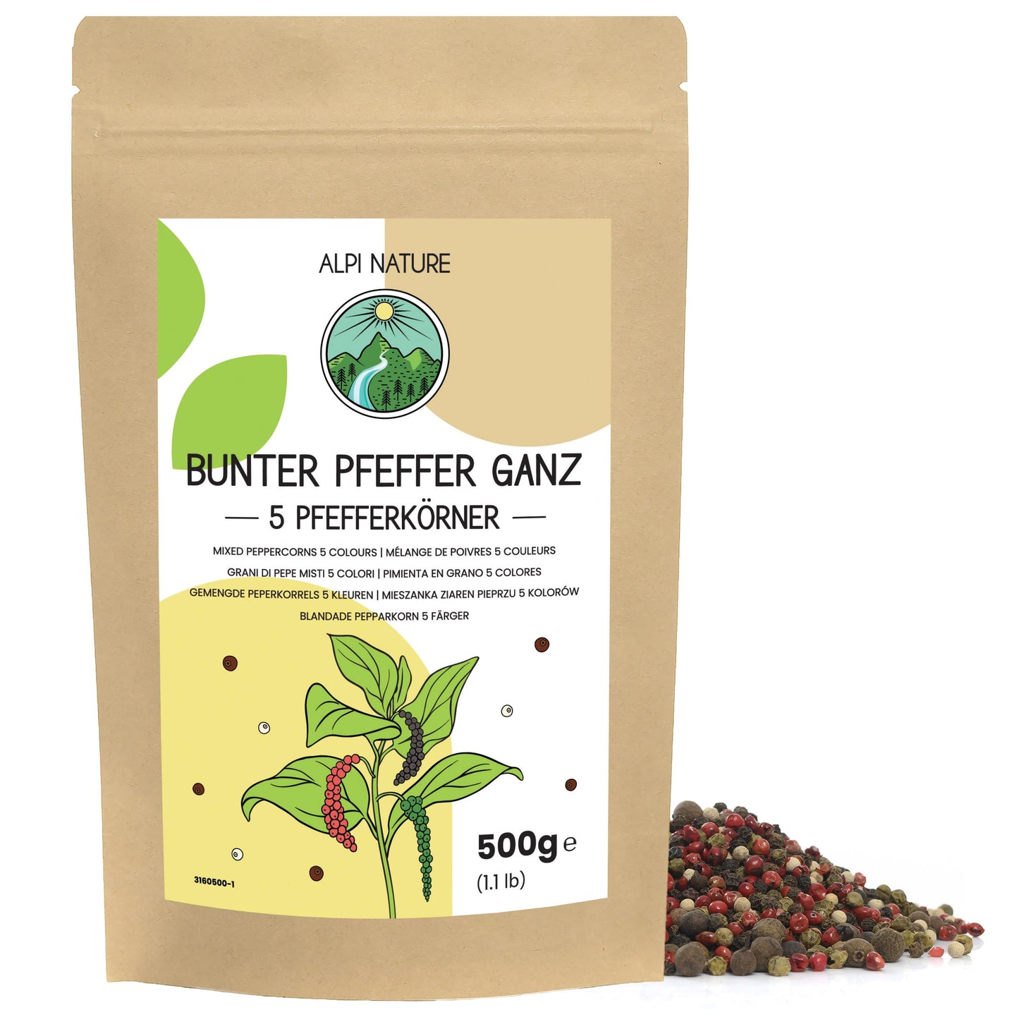Alpi Nature Mixed Peppercorns with Allspice 500g 1.1 lb, 5 Colour Blend of Black, White, Green, Pink Peppercorns and Allspice Berries