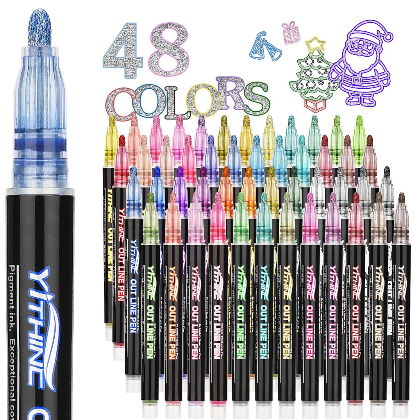 YITHINC Glitter Pens Outline Marker Pen, Stocking Fillers Kids, Arts and Crafts for Kids, Teenage Girls Gift, 48 Sparkle Metallic Colouring Pens,