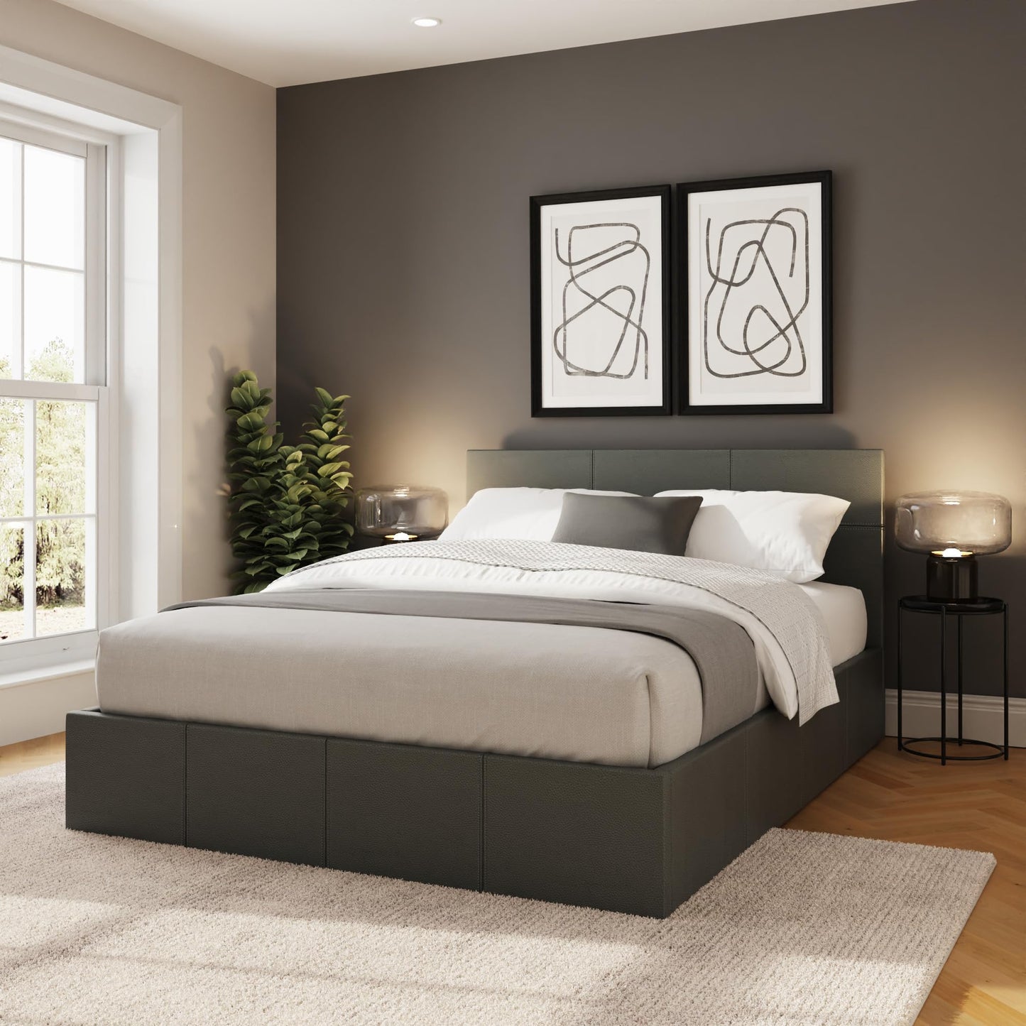 GFW Leather Classic Upholstered Ottoman Storage Bed With Gas Side Lift & Under Bed Storage, Double, Grey