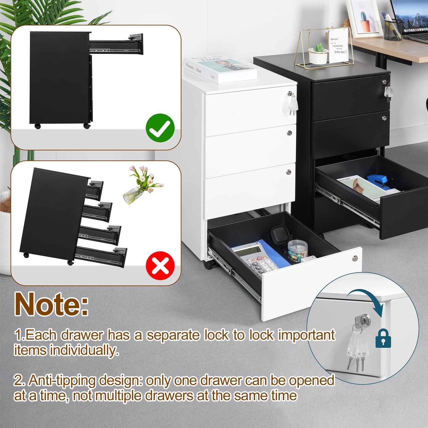 HOMSTEEL Mobile File Ccabinet, Filing Cabinet with 4 Lock, 4 Keys, 4 Drawers, Metal Cabinet, Pre-assembled, for Office, Home Office, Black