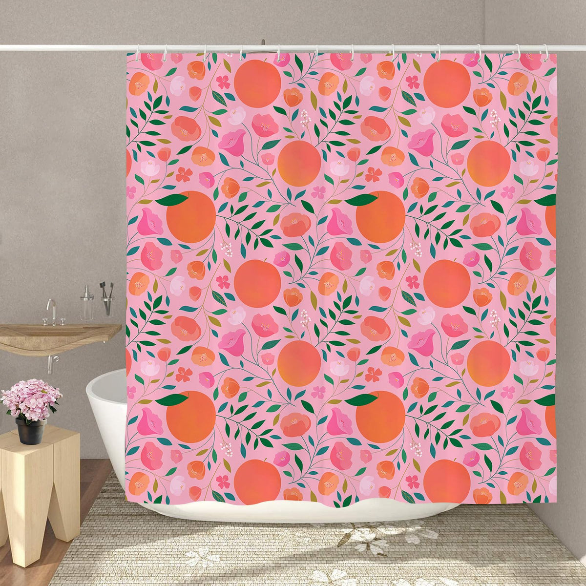 GOOESING Orange Shower Curtain Fruit Citrus Green Leaves Shower Curtain Orange Pink Bathroom Curtain with Hooks Bathroom Decor Washable Durable