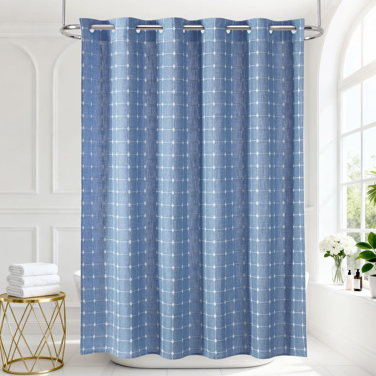 VANZAVANZU Boho Hookless Plaid Shower Curtain, Checkered Polyester-Linen Fabric Waterproof coating Shower Curtains for Bathroom, Farmhouse Rustic