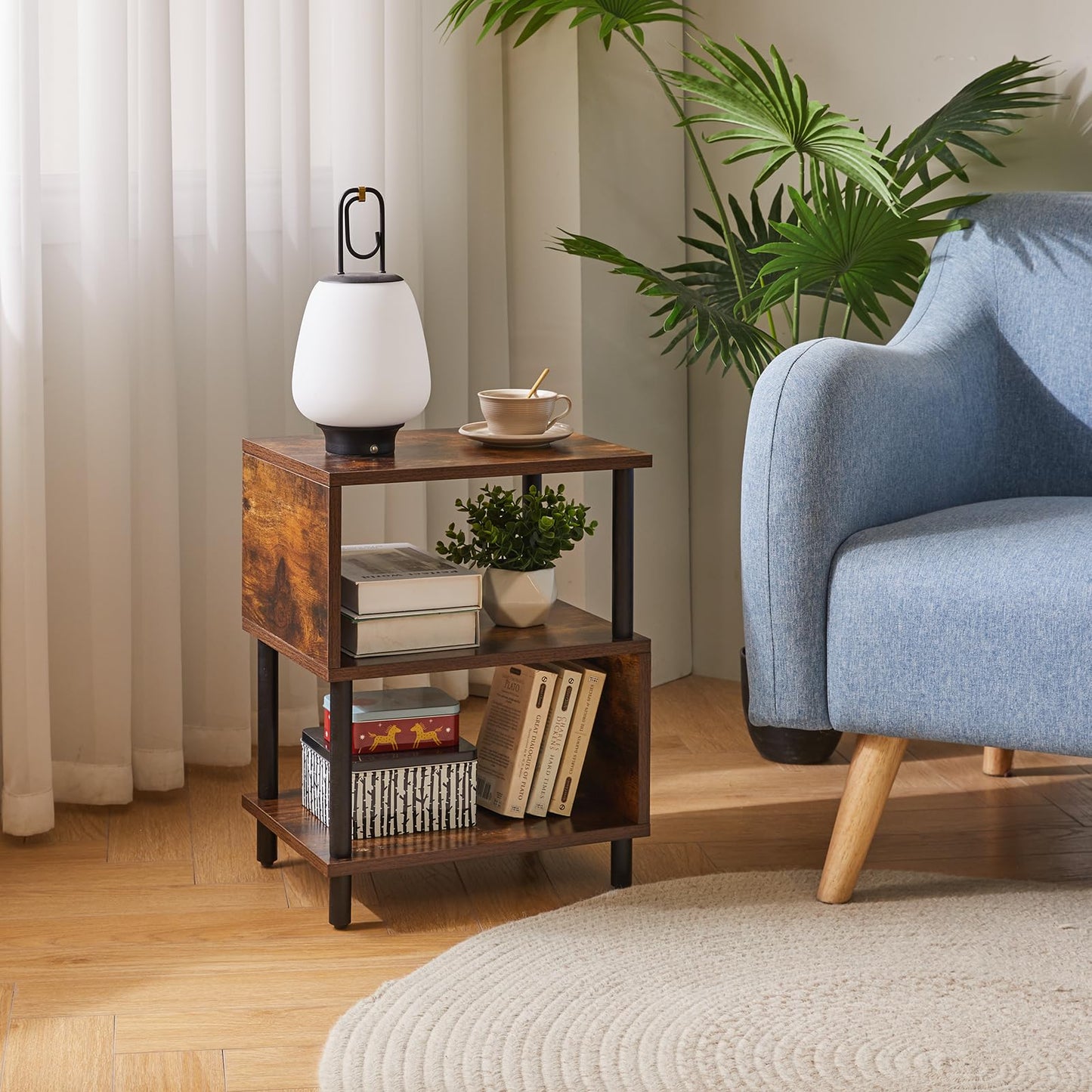 Aibiju 3 Tier S-shaped Design Side Table, Sofa Side Table, Narrow End Table with Storage Shelf for Living Room, Bedroom/Narrow Space Retro Color+Black
