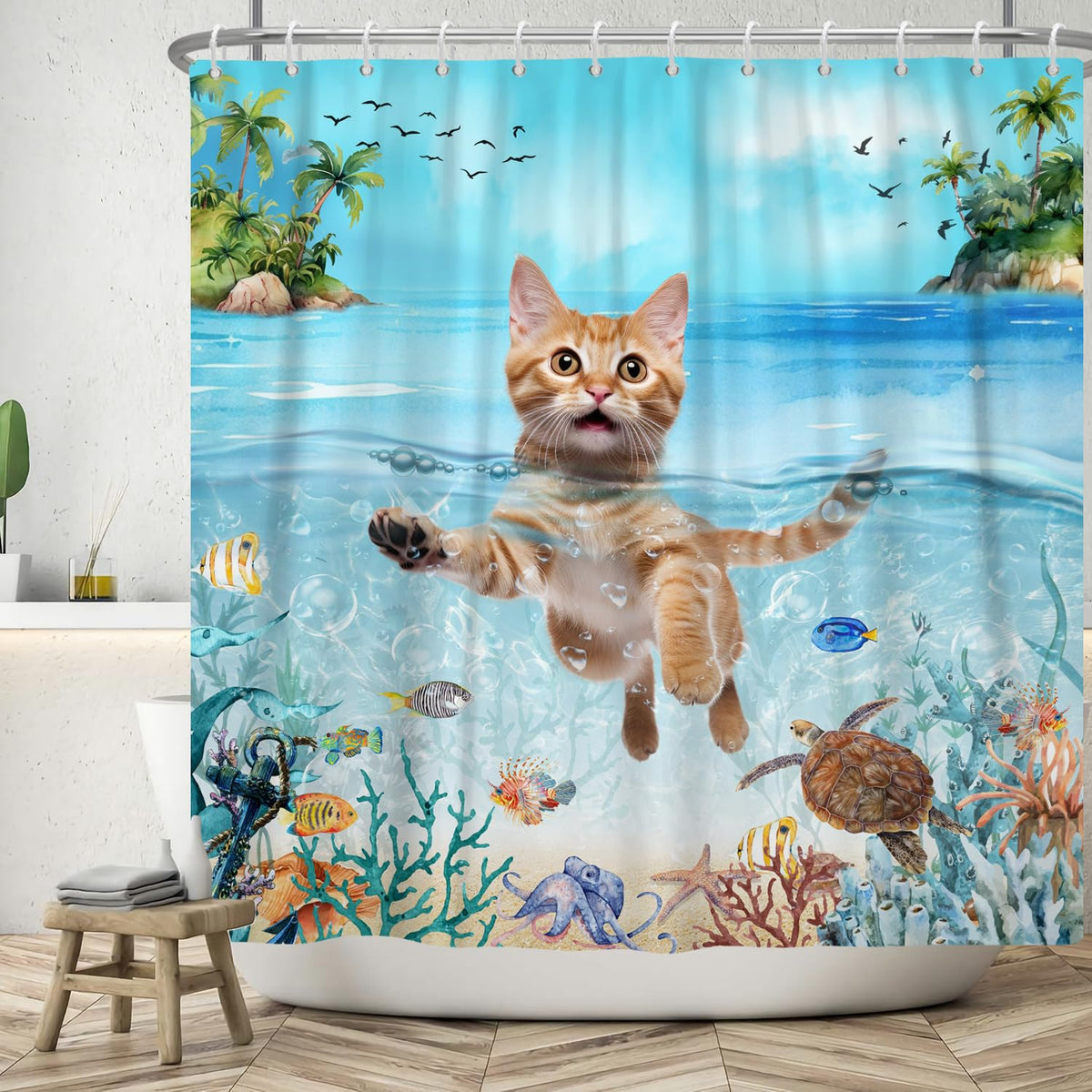 ASDCXZ Shower Curtain Cat 180 x 200 cm, Funny Cute Cat Summer Ocean Palm Trees Sea Animals Coral Washable Bathroom Shower Curtains Polyester Textile