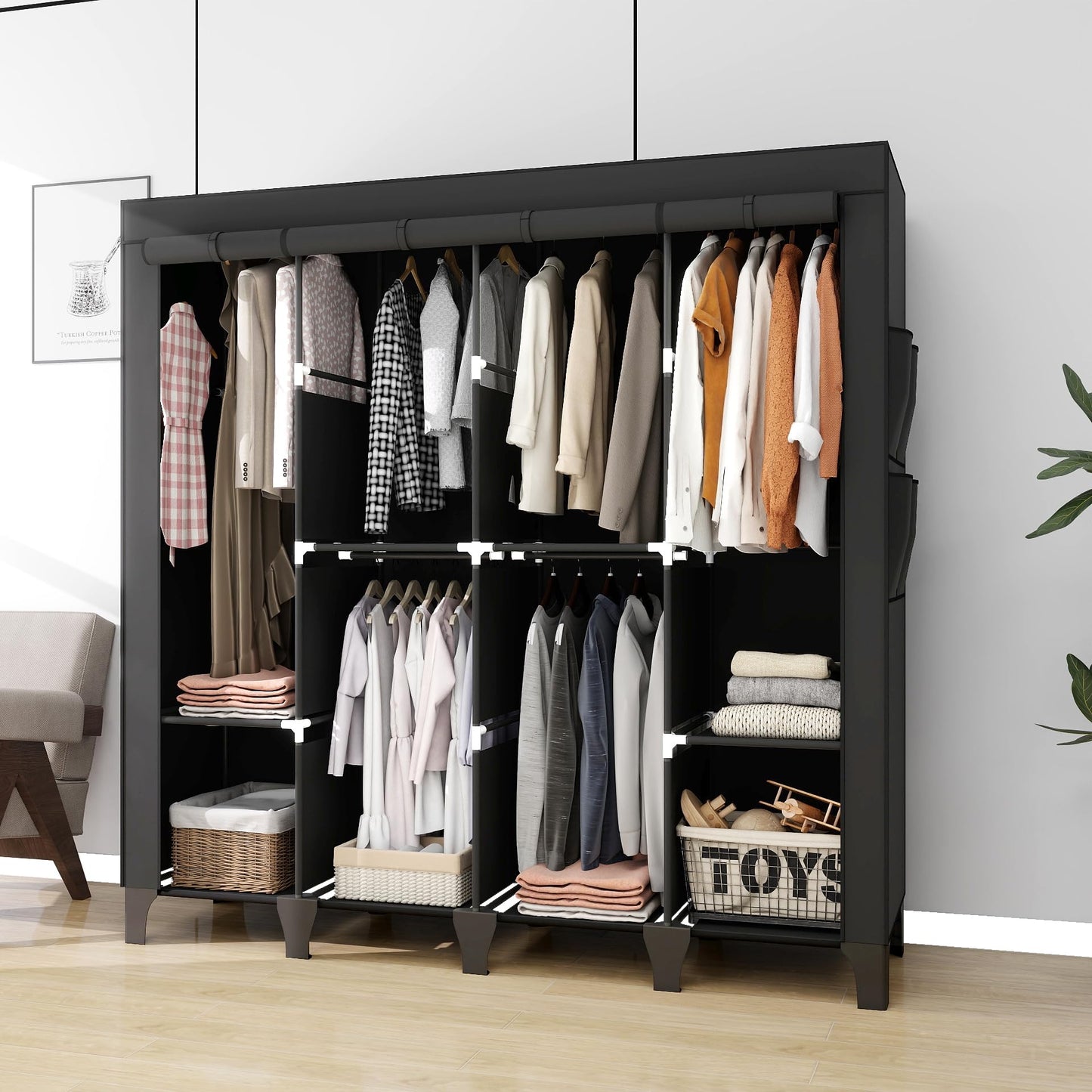 OPPAIYA Extra Large Canvas Wardrobe with 6 Hanging Rails, Portable Fabric Bedroom Wardrobes with 8 Shelves & 8 Side Pockets
