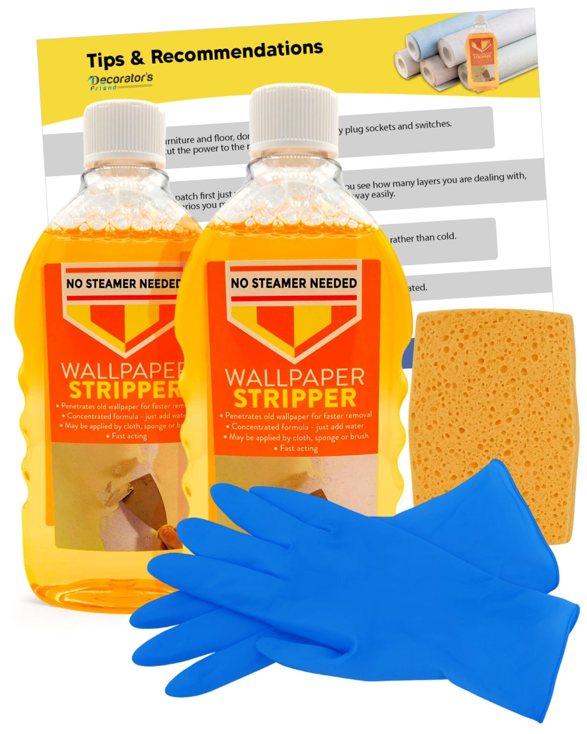 Wallpaper Stripper Bundle for Fast Removal - 2 x Stripping Liquid Bundled with Sponge and Latex Free Gloves - Wallpaper Remover Kit - by Decorator's