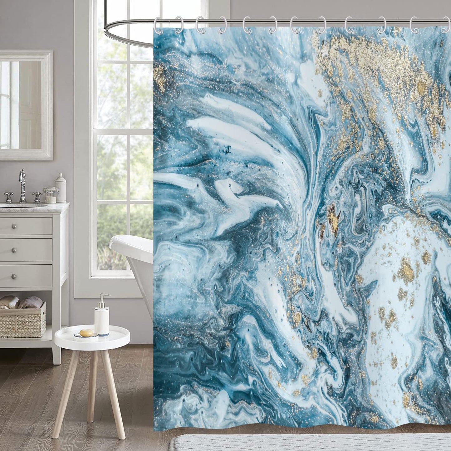 Hnmdmyi Marble Shower Curtain 180x200, Blue Gold Jade Texture Glitter Shower Curtains Abstract Watercolor Modern Luxury Art Bathroom Curtains