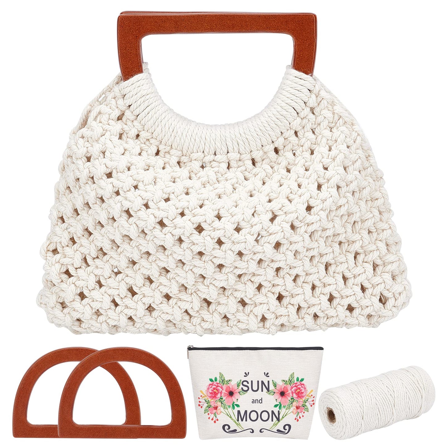 WEBEEDY Macrame Bag DIY Kit for Adults Beginners Macrame Purse Kit fro Women Macrame Handbag with Macrame Cord and Wooden Handle, Crafts Supplies Set