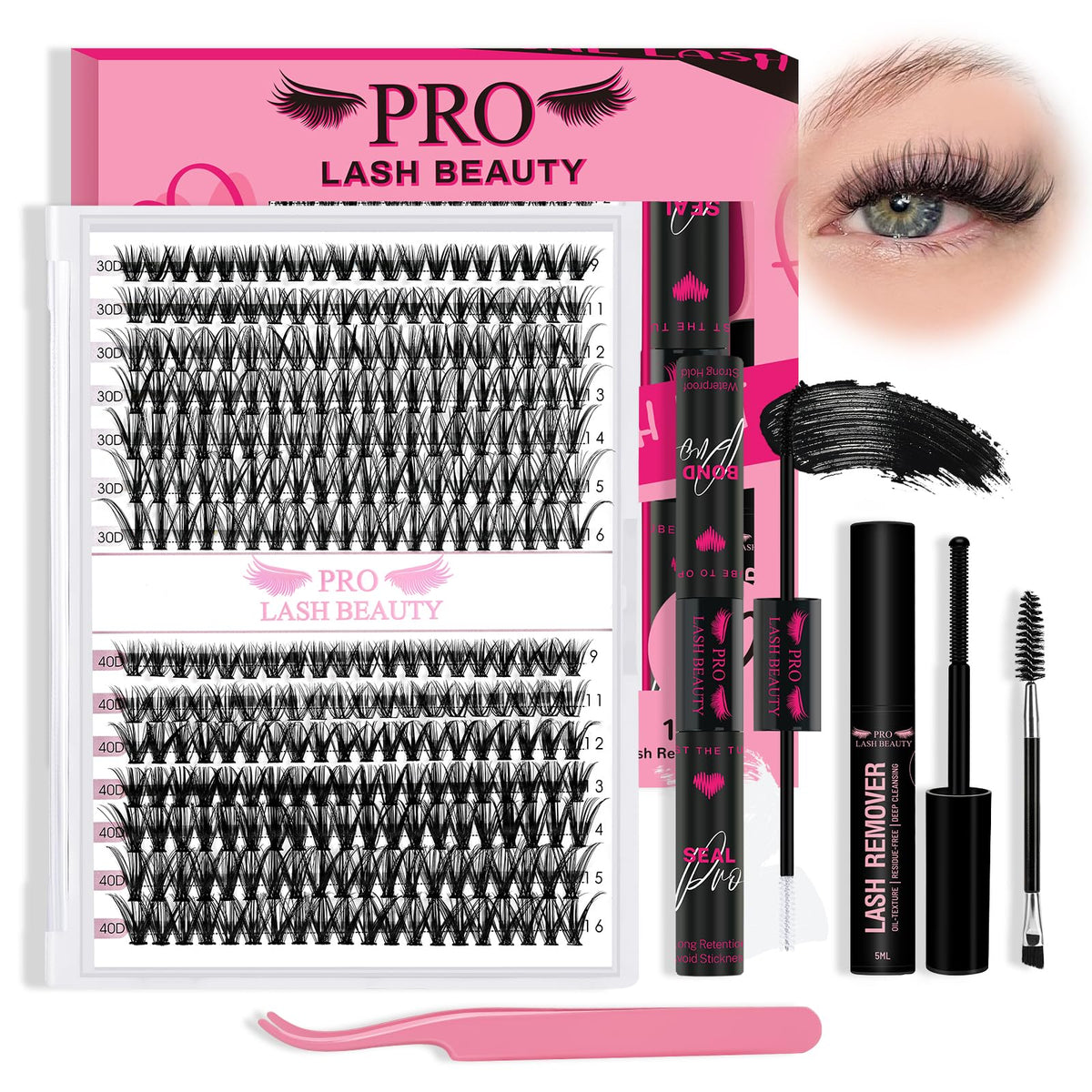 PRO Cluster Lashes Kit 280pcs Lash Clusters 30D+40D Individual Lashes Kit with Lash Bond and Seal Remover Applicator Easy to Apply at