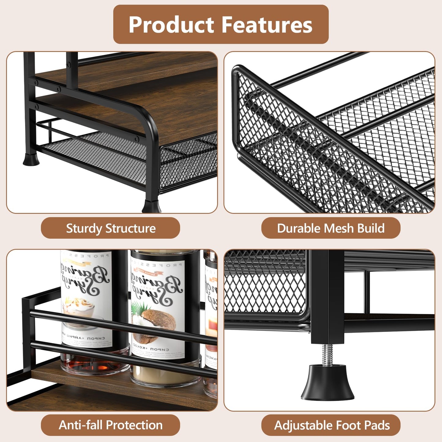 Coffee Syrup Organizer, 3-Tier 8 Bottles Coffee Syrup Stand with 35 K Cup Storage Drawer for Coffee Bar, Coffee Pod Holder for Syrup, Tea, Wine,