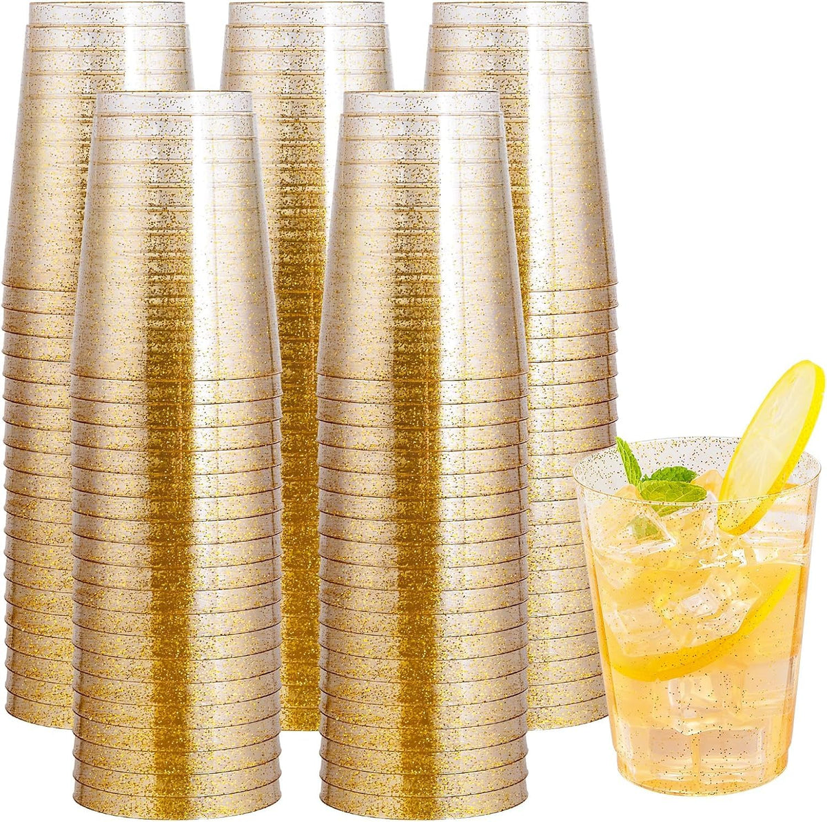 Gikisla 50pcs Gold Plastic Cups, 300ml Hard Gold Plastic Tumblers for Cocktail and Drinking, Reusable Clear Drink Cups for Fancy Wedding,