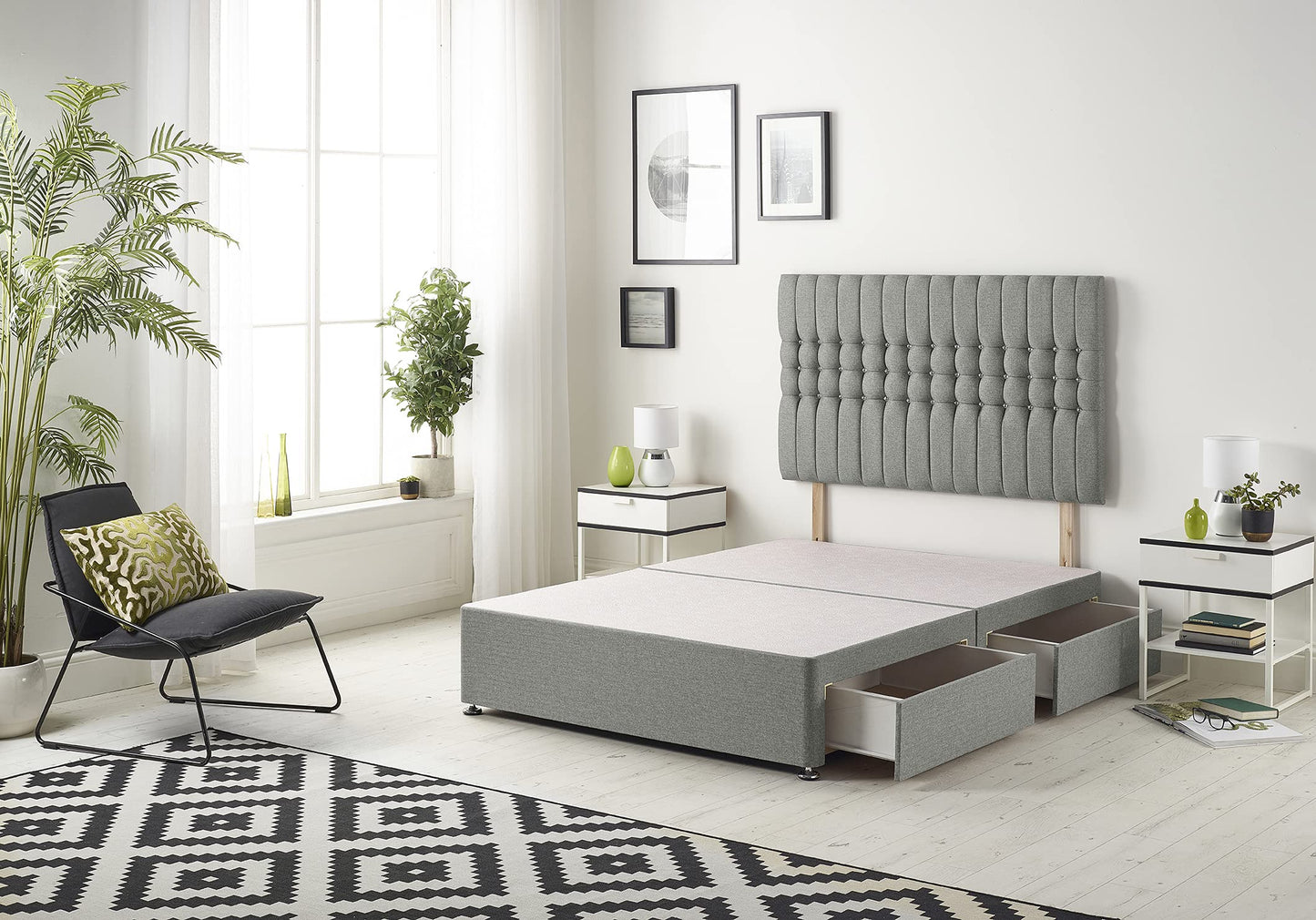 Bed Centre Galaxy Divan Base with 2 Drawers (Same Side) and Matching Headboard, Fabrics and Colours (3FT Single, Linen Silver)
