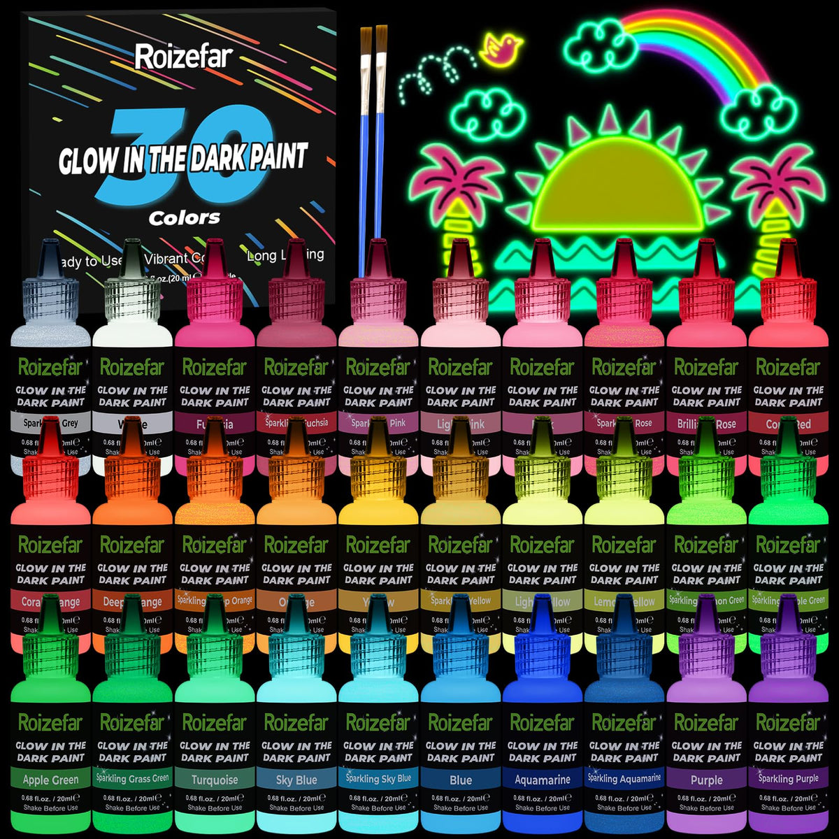 Roizefar Glow in the Dark Paint, 30 Colours x 20 ml Paints, Long-Lasting Sparkling Luminous Glow Fabric Paint for T-Shirt, Canvas, Ideal for Art