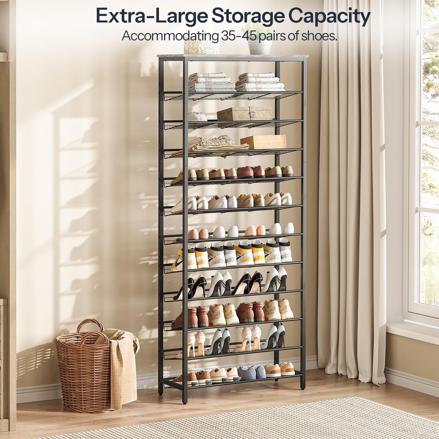 HOOBRO Tall Shoe Rack, Large Capacity Shoe Storage Organizer, 12-Tier Shoe Rack for 44-55 Pairs of Shoes, 75 x 28.5 x 194.5cm, Adjustable Metal