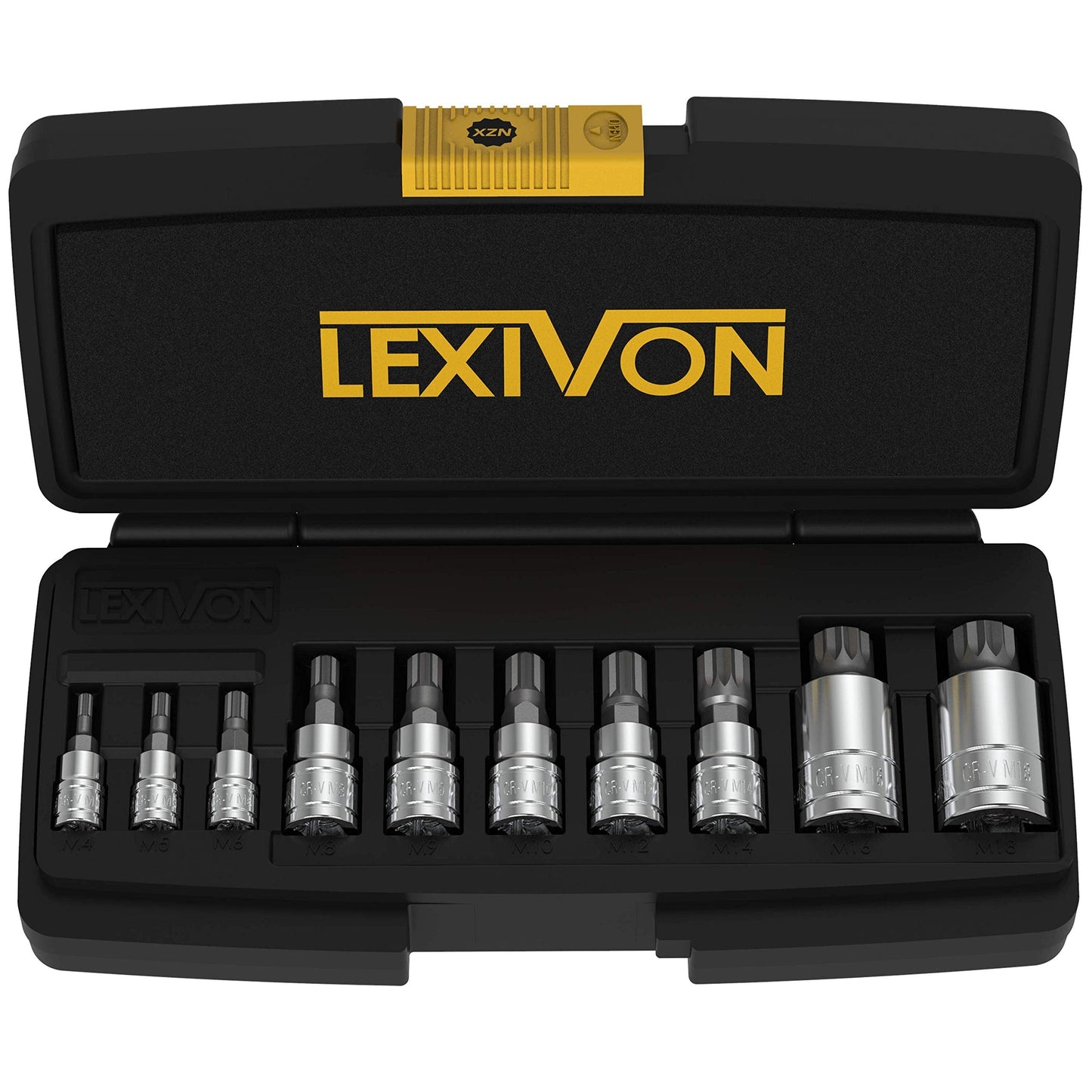 LEXIVON XZN Triple Square Spline Bit Socket Set, Size M4 M5 M6 M8 M10 M12 M14 M16 M18 | Allen Key Socket Multiple Teeth 10 Pcs Set, for Torque Wrench,