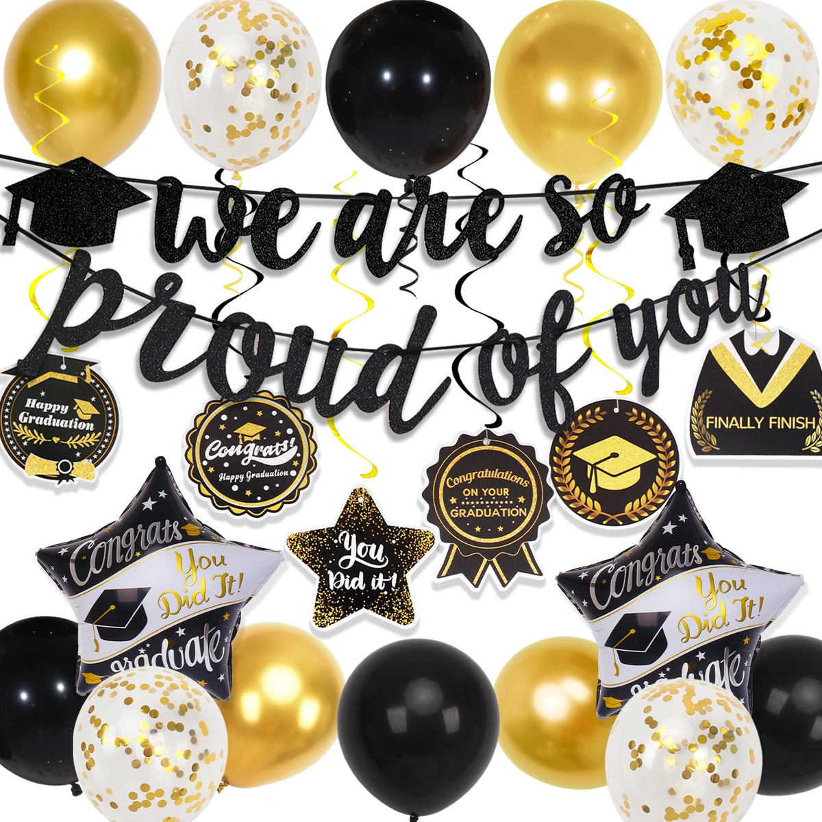 Graduation Decorations Class of 2025, Black and Gold Balloons, We Are So Proud of You Banner and Hanging Swirls, Graduation Party Cards, for Party