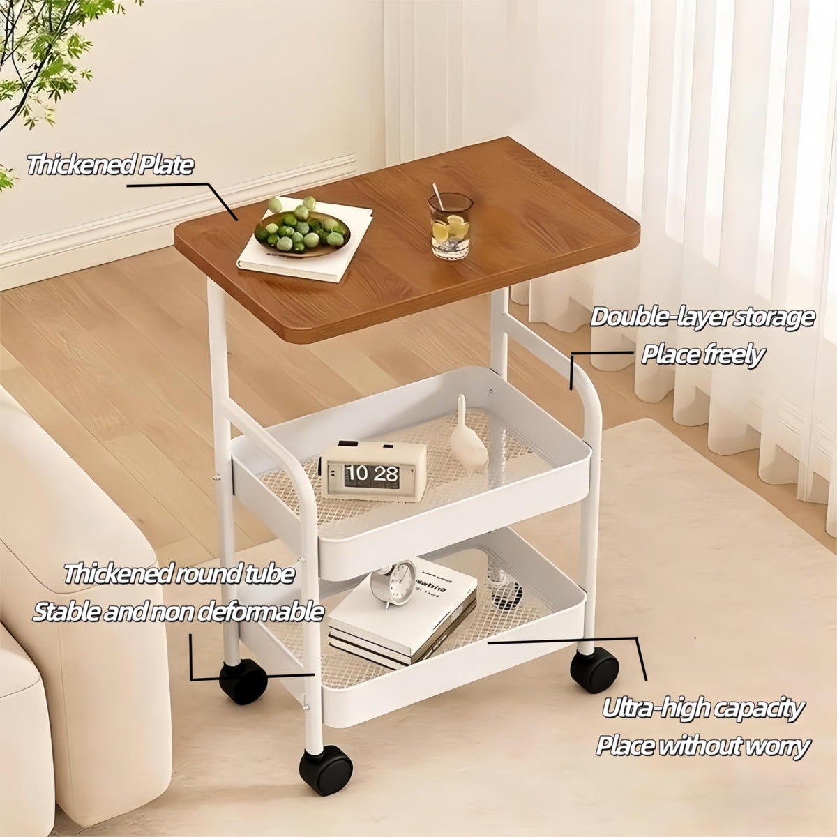 3-Tier Trolley on Wheels,with Wooden Shelves and Metal Baskets White