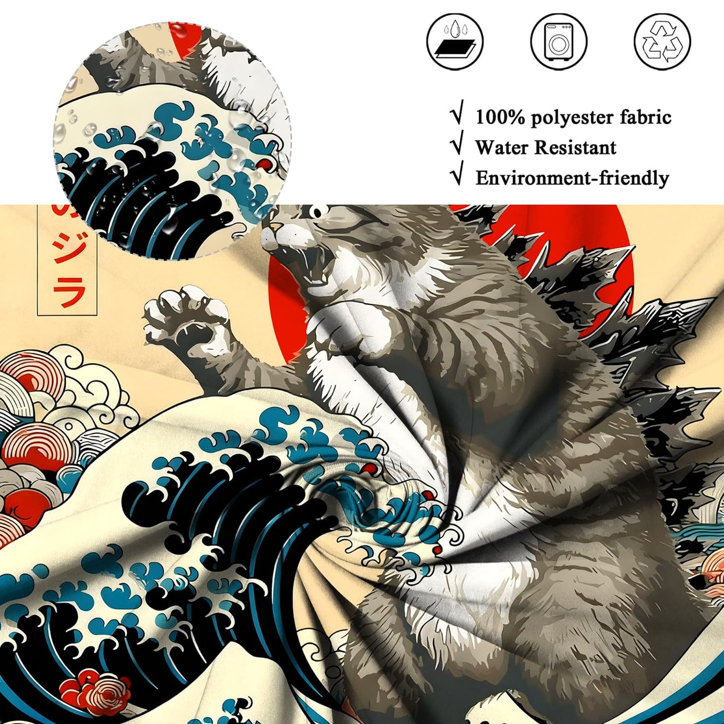 ASDCXZ Japanese Cat Shower Curtain 180x180 cm, Vintage Funny Japan Anime Cat Sun Wave Kids Animal Waterproof Bath Curtain Polyester Textile Washable