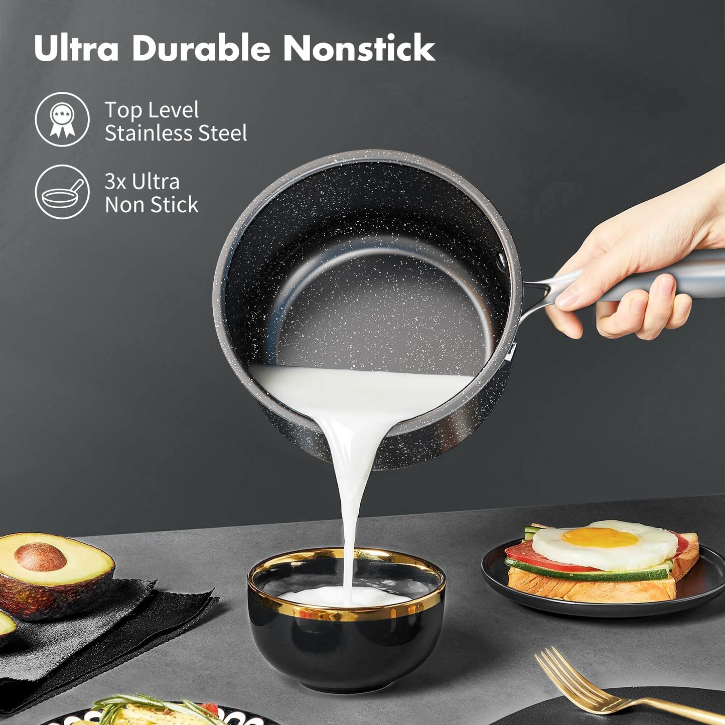 Stainless Steel Pots and Pans Set, 7-Piece Induction Hob Pan Set with Stay Cool Handles, Nonstick Saucepan Set Cooking Pans Set with Glass Lids, Black