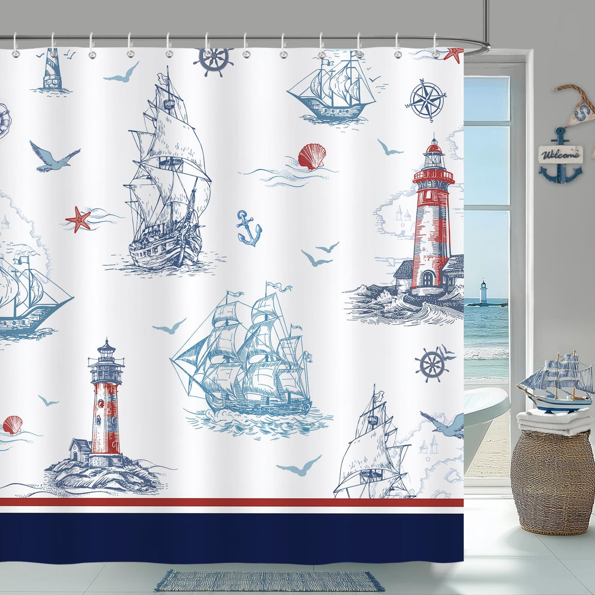 Bonhause Nautical Coastal Shower Curtain, Sailboat Lighthouse Anchor Blue Bathroom Curtain 180 x 180 cm Waterproof Mildew and Mould Resistant