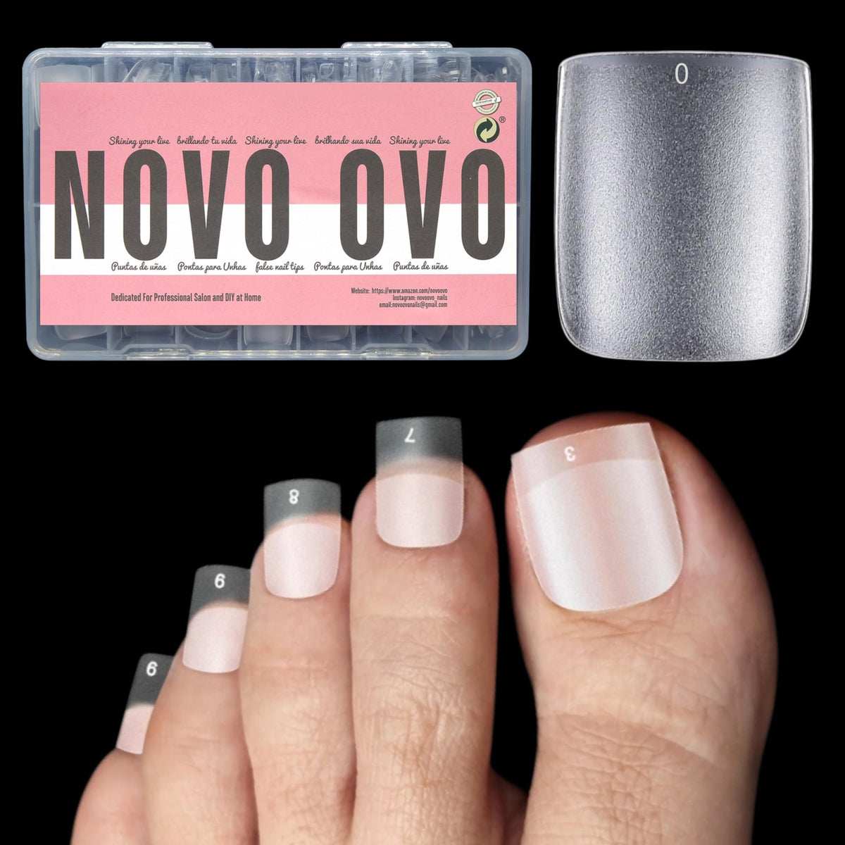 NOVO OVO Long Square Toe Nail Tips, Extra Wide Full Cover Clear Press on Toenails Kit, Pre-shaped Matte Square Toenails For Women Men Big Toe Long