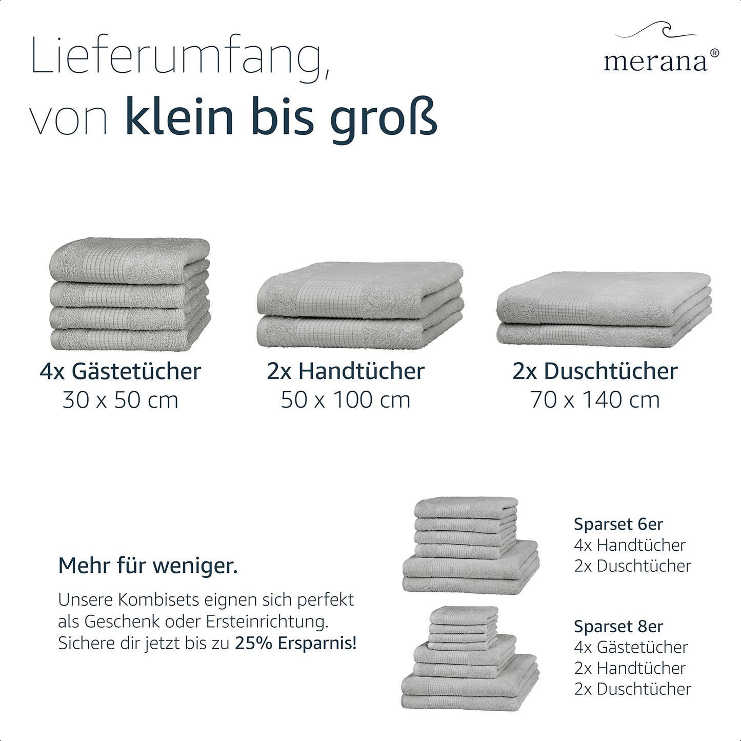 Merana Hand Towel Set, Absorbent, Soft and Lint Terry Towel Quality Made of Heavy Organic Cotton 590 GSM (Dolphin Grey, 4 x Guest Towels (30 x 50 cm)