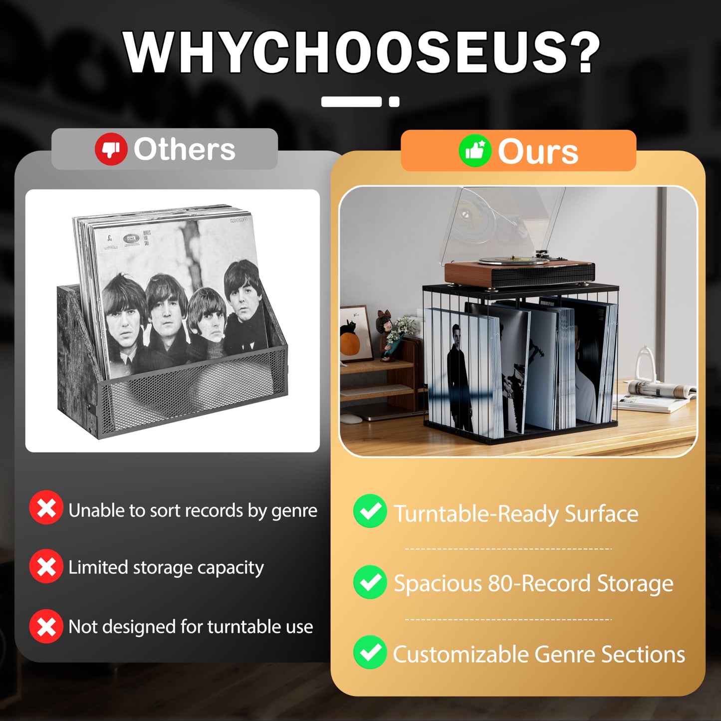 Emfogoo Vinyl Record Storage, Metal & Wooden Vinyl Record Holder Up to 80 LP Albums, 3-Compartment Record Player Stand for Magazine, Book, Files