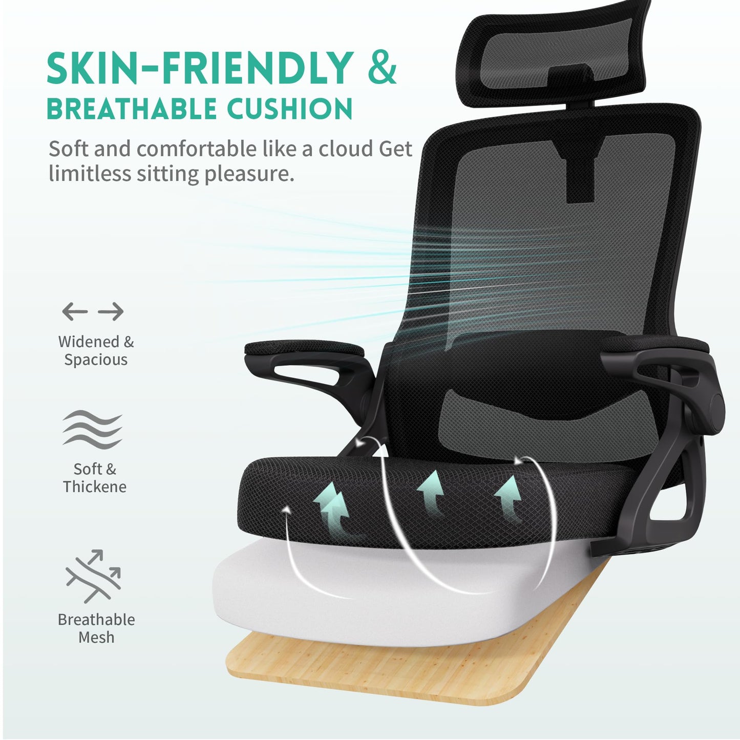 Ergonomic Office Chair, S-Shaped Mesh Desk Chairs, Adjustable Headrest & Lumbar Support, 90°Flip-Up Armrest