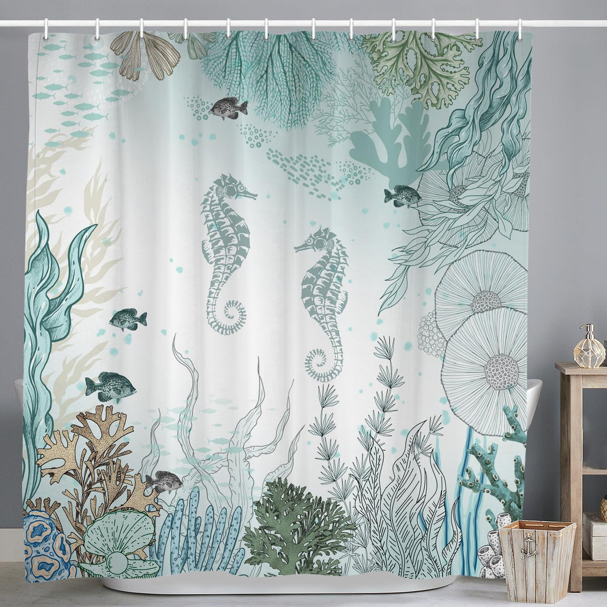 ASDCXZ Maritim Shower Curtain 180x180 cm, Blue Marine Animals Hippocampus Fish Coral Maritime Nautical Washable Shower Curtains Polyester Textile