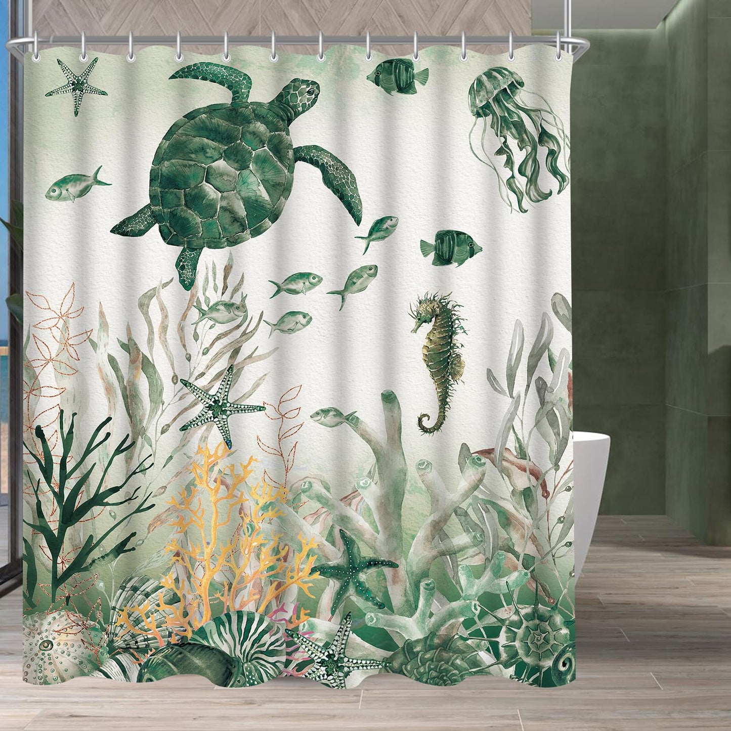 Lerores Shower Curtain 240 x 200 cm, Sea Turtle Anti-Mould Textile, Weighted Hem, Water-Repellent, Washable Polyester Bath Curtains with 16 Eyelets
