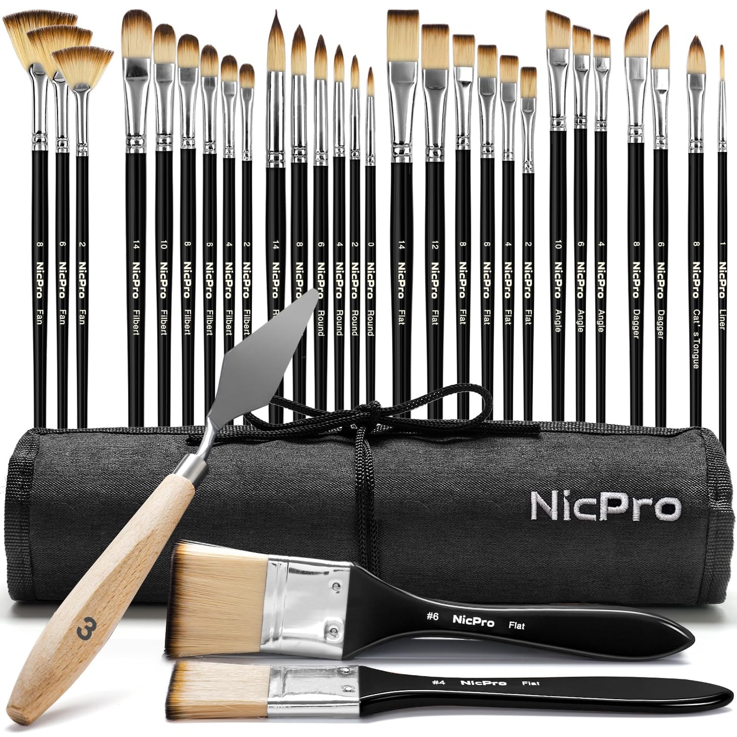 Nicpro 30pcs Paint Brush Set, Professional Paintbrushes with Paint Spatula and Cloth Roll, Craft Paint Brushes for Acrylic Painting, Oil, Watercolour,