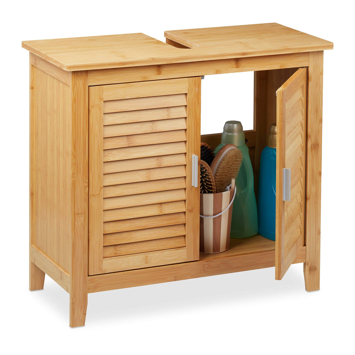 Relaxdays Bathroom Cabinet, Free Standing, Wooden, 2 Doors, Storage, Bamboo, Cupboard, HxWxD: 60 x 67 x 30cm, Natural