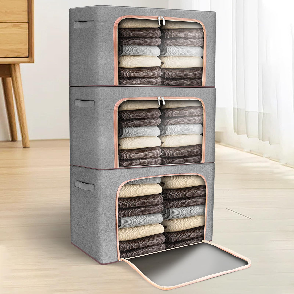 OurLeeme Clothes Storage Bags 3 Pack Foldable Storage Box 24L Wardrobe Clothes Storage Organiser with Zip and Lid Organizer for Moving House Thick