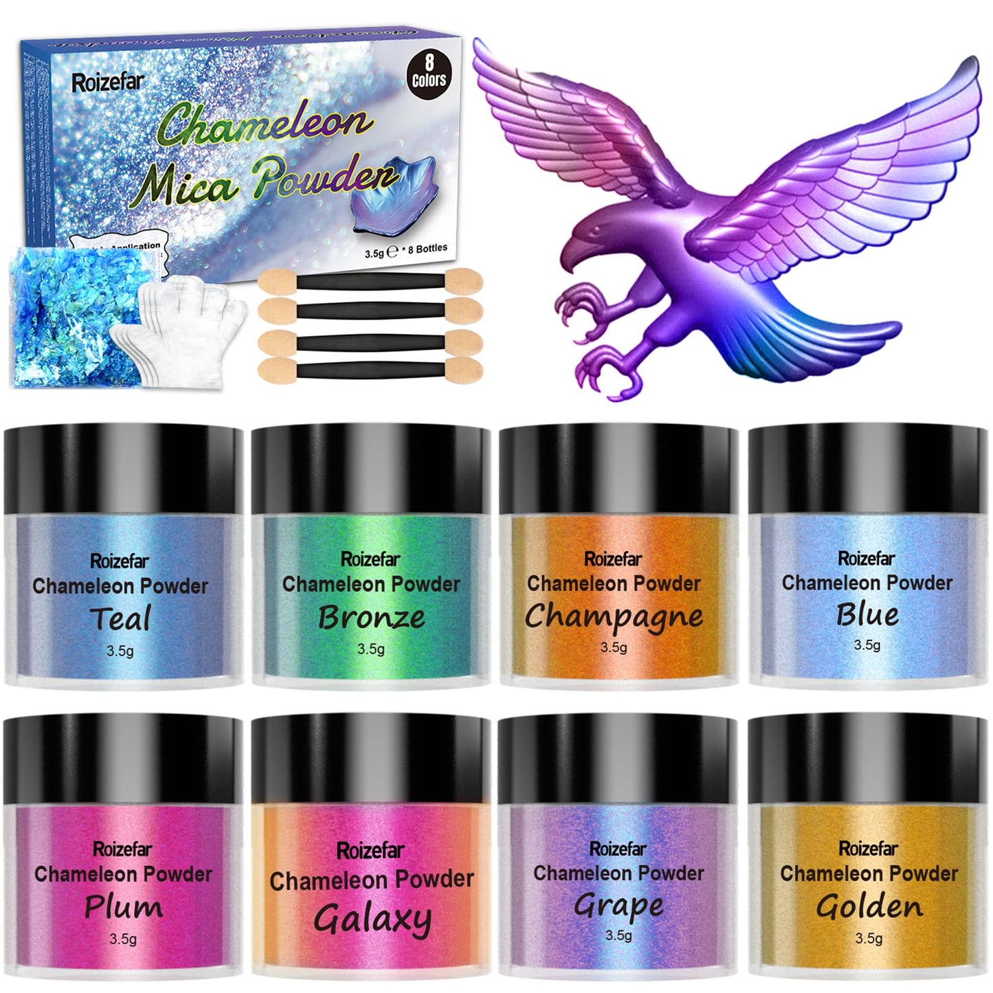 Roizefar Chameleon Mica Powder, 8 Colours x 3.5g Epoxy Pigment Metal Powder for Resin, Soap Paint, Jewelry Making, Nail Polish, Painting, Candle