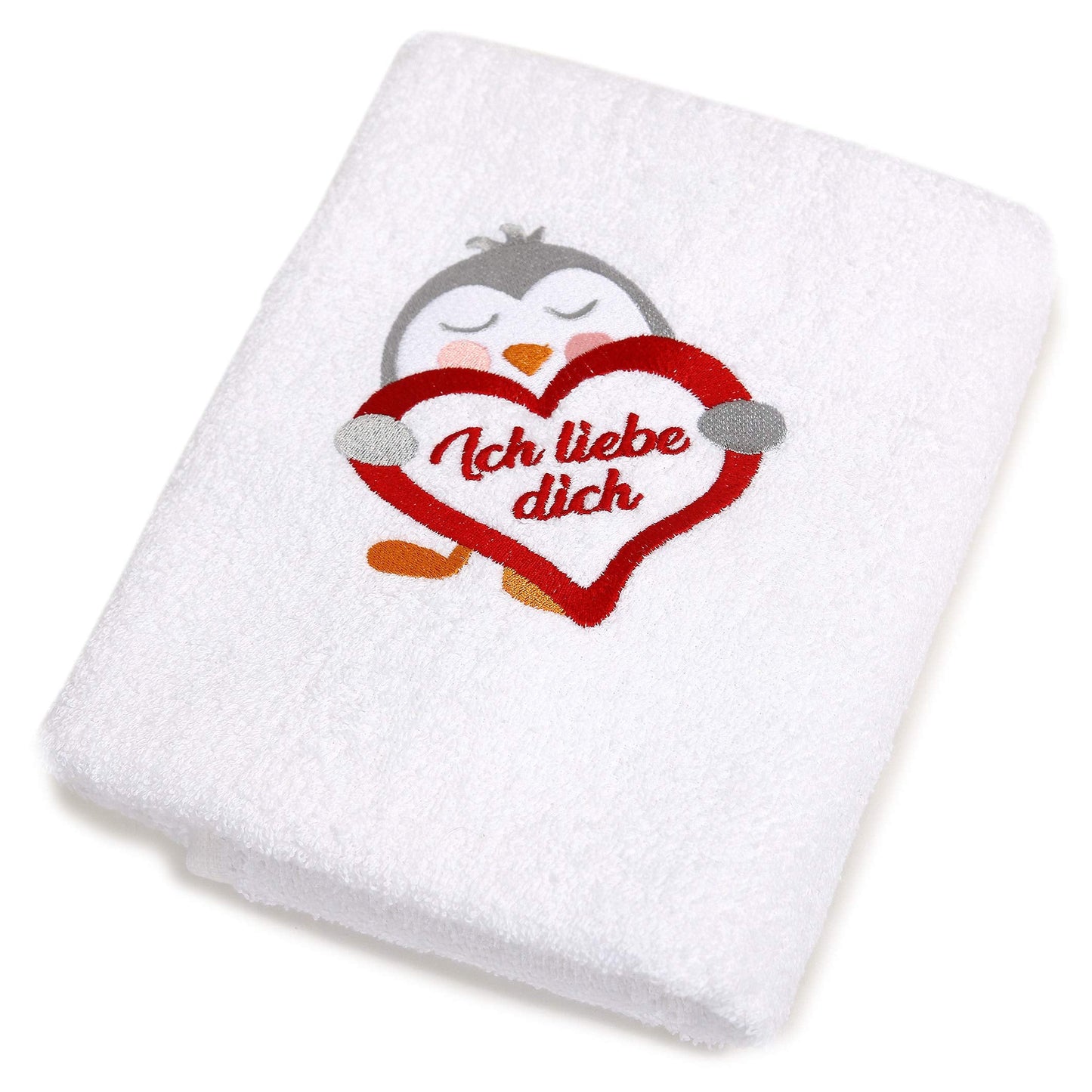 Abc Casa White towel with penguin and heart I love you romantic gifts for birthday, anniversary, wedding anniversary, Valentine's Day, Mother's Day,